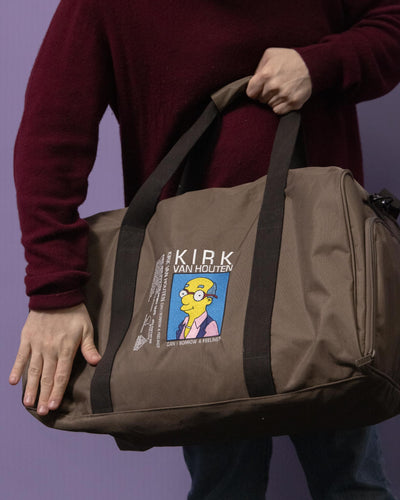 RK Threads embroidered duffel bag featuring Kirk Van Houten's Can I Borrow a Feeling album cover from The Simpsons